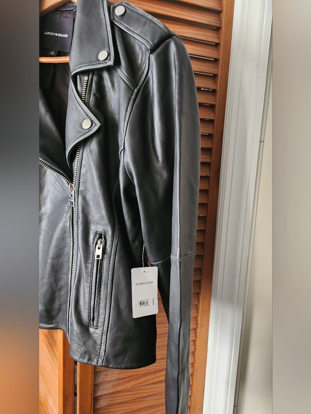 Lucky Brand Black Leather Moto Jacket with Asymmetric Zip - Picture 4 of 8